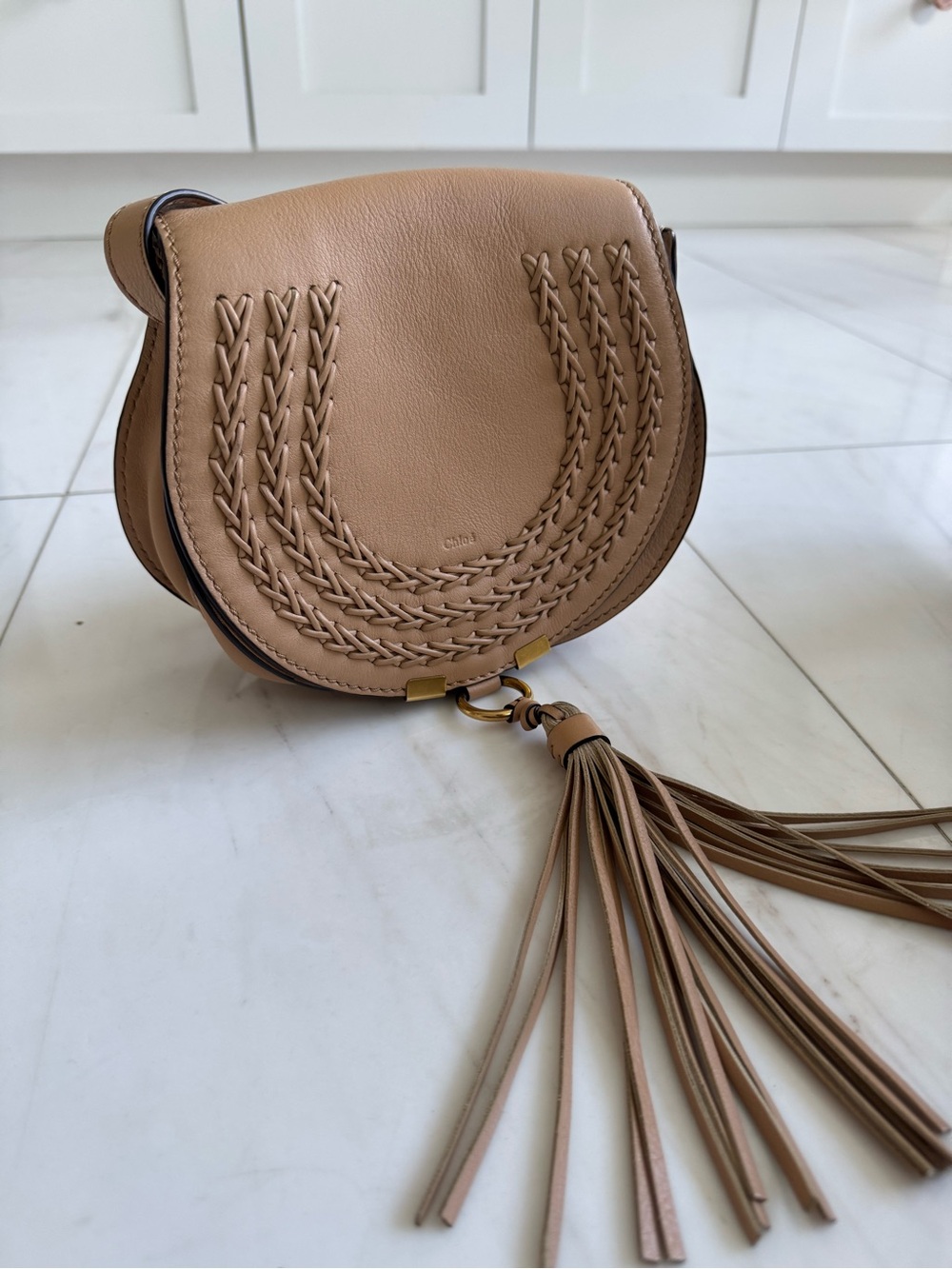 Chloe Tan Braided Leather Crossbody with Tassel